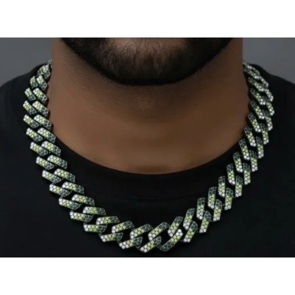 Cuban Link Camo Drip Chain 22” SS Gunmetal/Green/Silver AUS Crystals